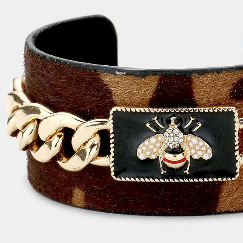 Gold Chain Link Animal Cow Print HoneyBee Cuff Dark Brown Statement Bracelet